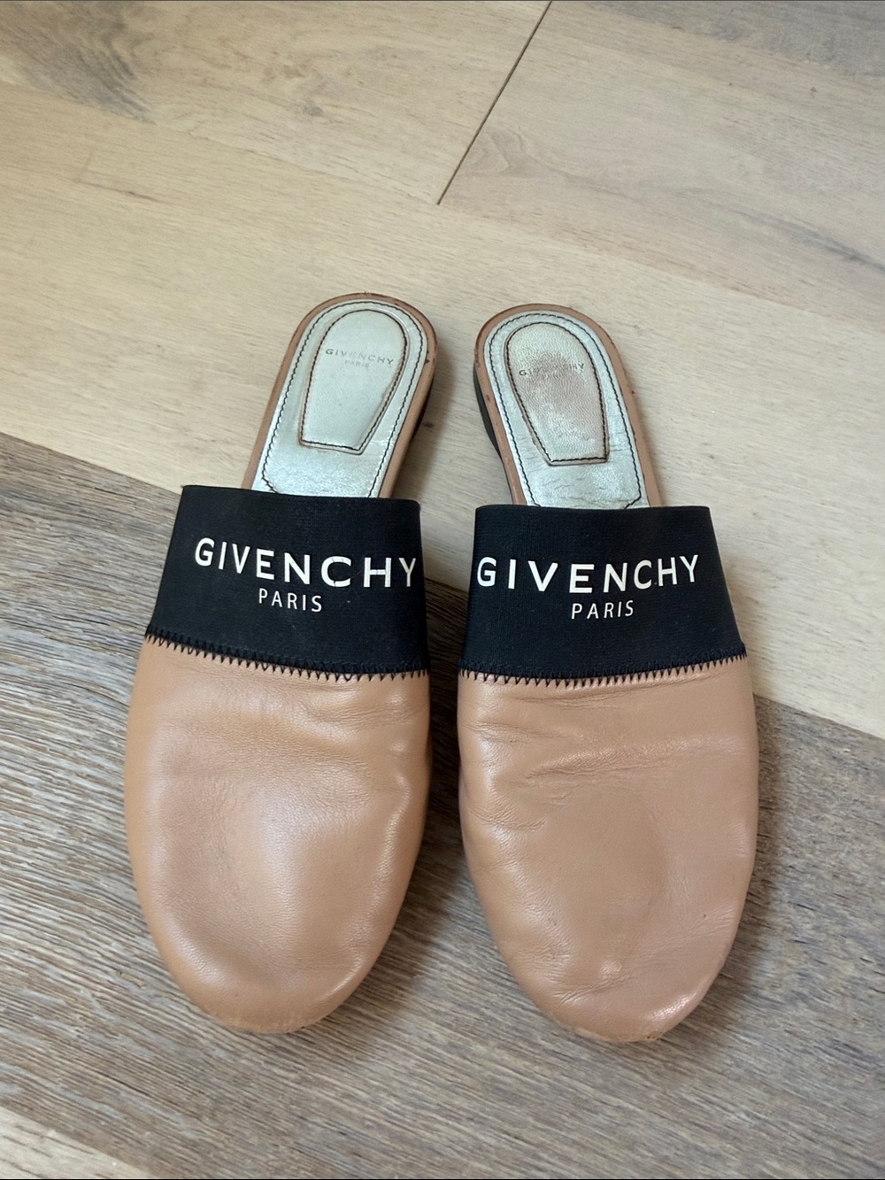 Givenchy Tan Leather Slip-On Mules with Black Logo Band